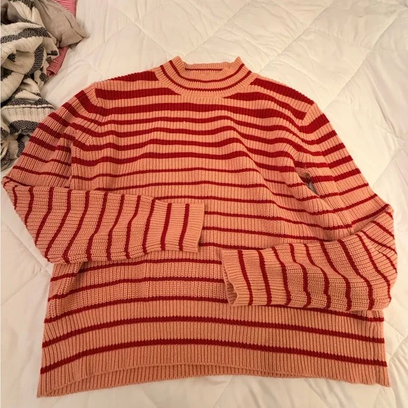 Striped Peach and Red Ribbed Turtleneck Sweater - Picture 1 of 5